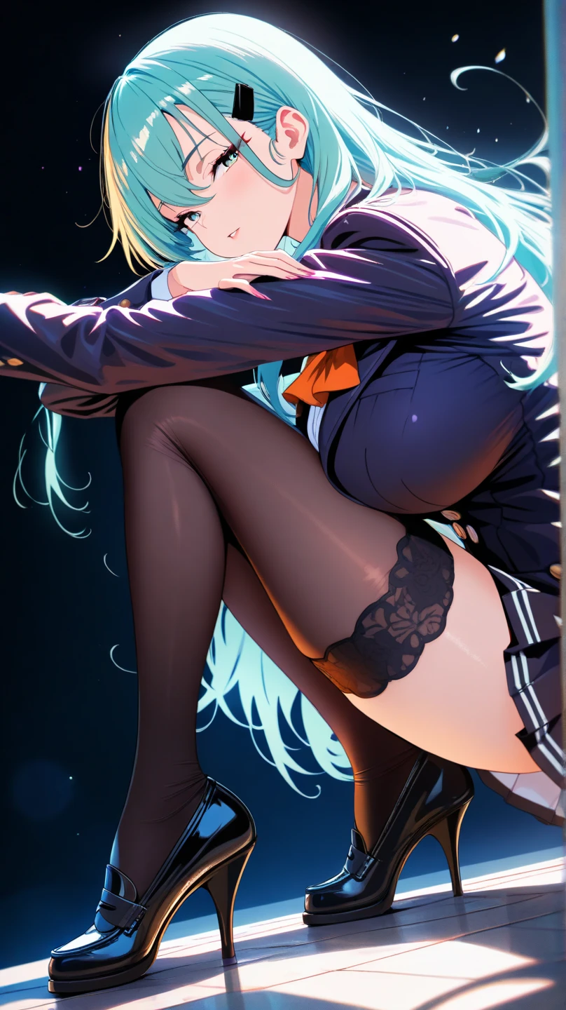 Best Quality, masutepiece, hight resolution, Super beautiful images, Yukinoshita Yukino, full body Esbian, Slender body, Look here, 1 rapariga, Slim legs, Detailed face, Closed black jacket, Black plaid skirt, Black knee-high socks, Black leather shoes,