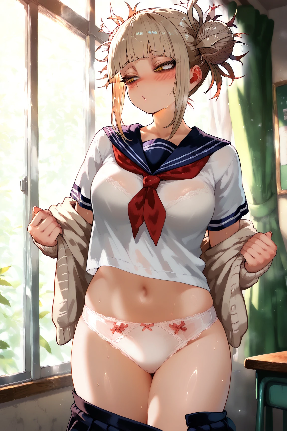 1girl arms_behind_head arms_up blonde_hair blush buruma (cameltoe), closed_mouth covered_nipples cowboy_shot  gym_shirt gym_storeroom gym_uniform looking_at_viewer micro_shorts nipples red_buruma see-through see-through_shirt shirt shorts skindentation small_breasts solo sweat thighhighs thighs tree wet wet_clothes wet_shirt white_shirt white_thighhighs window
