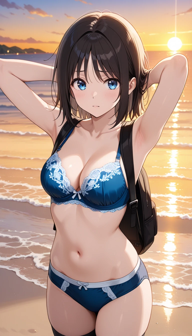 Slightly sideways and below view、Embarrassed、Big breasts,、bra、NUDE,Black Hair、Pretty blue hair ribbon 、Beautiful girl girl、Clear skies、面積の小さいWhite pantiesとbra、Mature woman、White panties、Nippleedium Bob、Cute clothes、