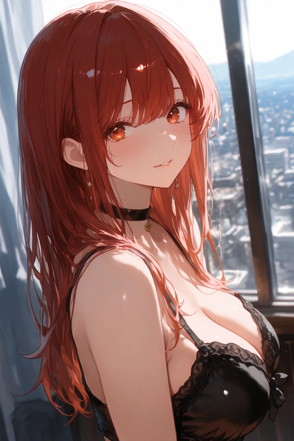 ((best quality)), ((masterpiece)), (detailed), perfect face, perfect body, 1girl, red long hair, cyan eyes, ((nightgown)), the girl lying on the bed and show up her boobies, Seeing the girl front body, the girl lying on the bed of bedroom hotel and opening her legs to show up her pussy, windows from hotel bedroom showing the city night in background