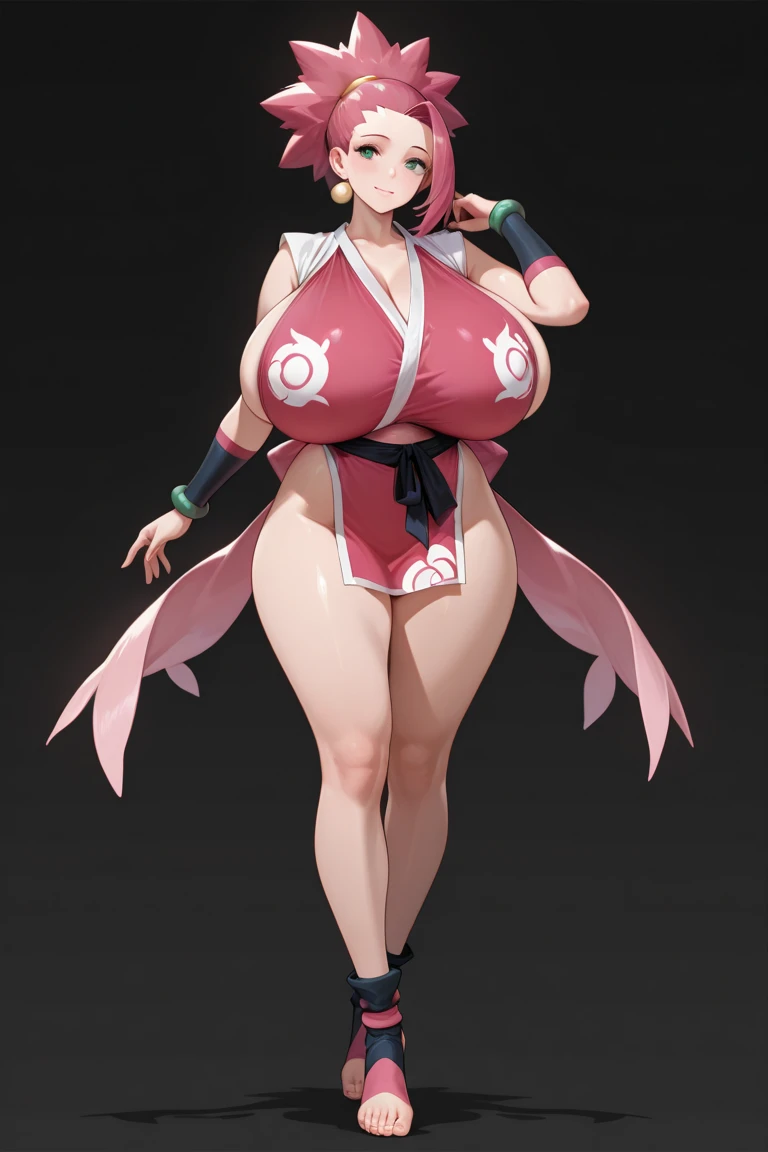 Curve, Realistic, Photorealistic,cowboy shot,masterpiece, absurdres, (colorful), 1girl, haruno sakura, forehead mark, red hairband, navel, groin, bracelet, looking at viewer, cherry blossoms, private garden, wind, floating hair, large breast, (((wide hips))), toned body, detailed eyes, dynamic pose, full body