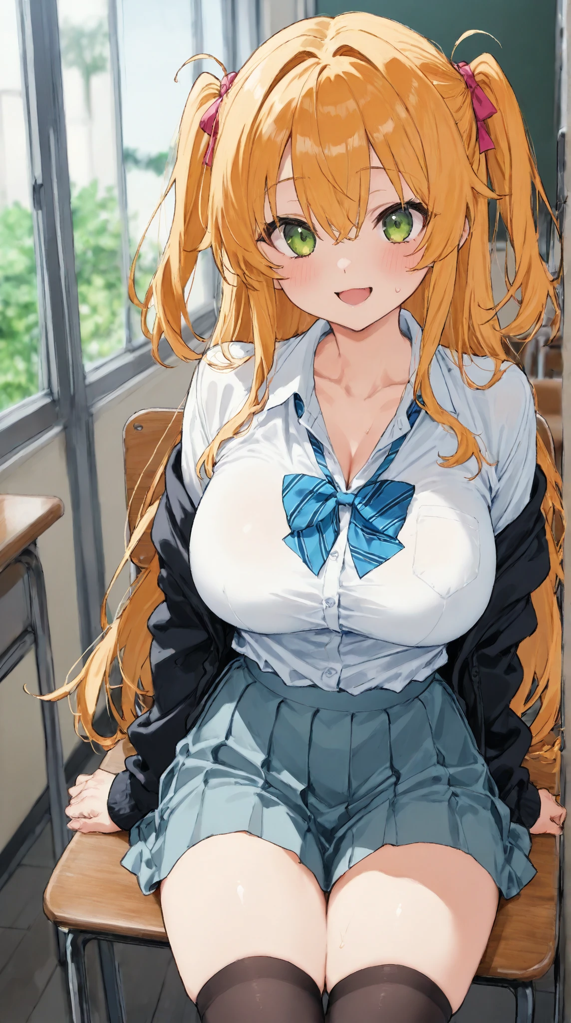 1girl, ornage hair, braid, large breasts, pantyhose, , ((school uniform)), mature female, thick thighs, long hair, green eyes, serious, classroom, skirt, cleavage