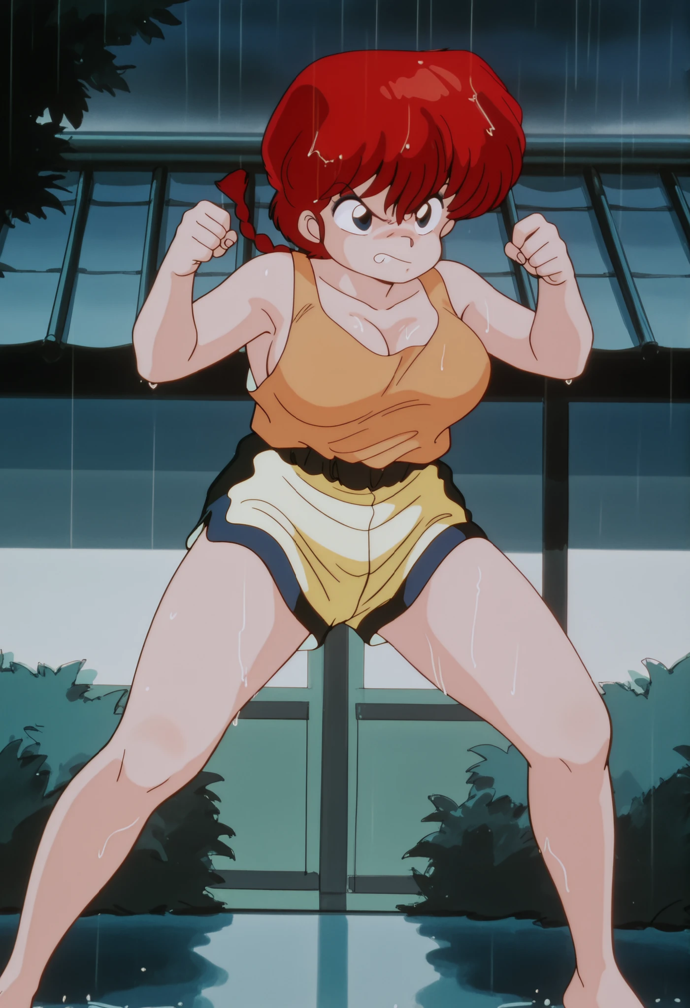  Ranma saotome , cabello rojo, hair with a braid, blue eyes, NSFW, Big breasts, detailed breasts, orange tank top, bare navel, yellow shorts with blue details, exterior, rain, wet, corriendo en la rain, ropa wet, completely soaked, angry expression, annoyed, barefoot, sexy, at night, outside the Japanese dojo, Fight pose, legs spread, tilted,