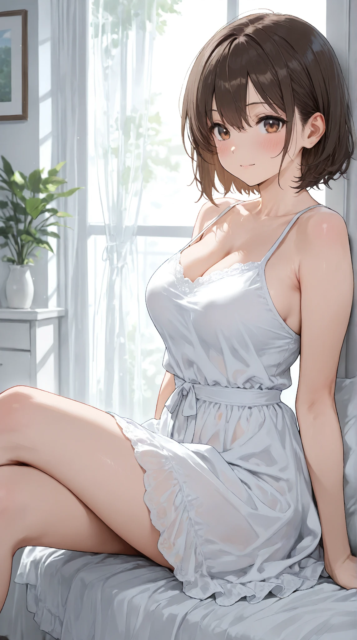 (​masterpiece、top-quality、hight resolution), A scene of a married woman changing clothes. The camera focuses mainly on the upper body to capture the grace and elegance of her movements. She is not looking at the camera and seems to be either thinking or changing nonchalantly. The location is a private, brightly lit room with an everyday atmosphere. The entire scene conveys natural beauty and everyday intimacy.