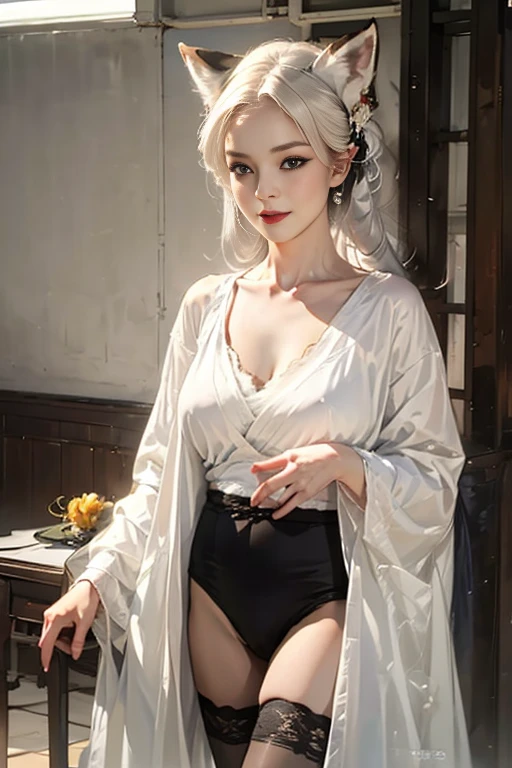 Photorealistic, high resolution, 1womanl, Solo, sit on chair, turn back, show her butt, view the viewer, (Detailed face), Hogwarts uniform, hogsks, Slytherin，blackstockings, green thong,