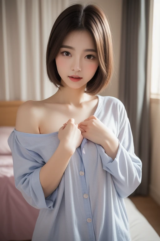 (8k, Photorealistic, Raw photo, Highest quality: 1.4),Japanese idol-style beautiful girl,18-year-old,Short bob silver hair,Big, clear grey eyes,Long eyelashes,Healthy, plump lips,She was wearing black silk pajamas, all of the buttons undone, with the collar hanging down to her shoulders, exposed to her bare skin.,Both shoulders are visible and the chest is open wide.,(Off-the-shoulder style),Shorts.Waking up.She is sitting leaning forward on the bed with her chest pressed together and her hands on her knees.,Looking at the camera