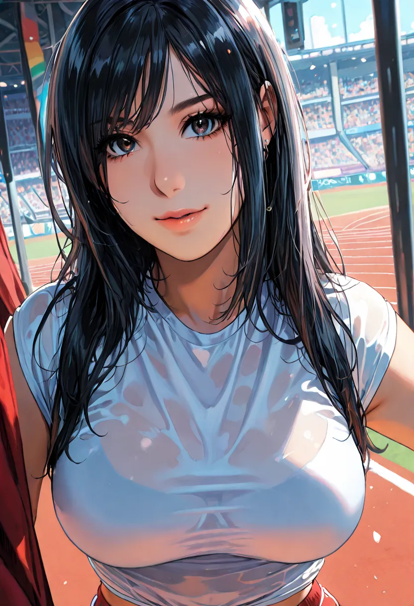 ((Top Quality, 8k, Masterpiece: 1.3)), Beautiful Woman, 1 Woman, Big: 1.3, Slender Figure: 1.1, Toned Abs, Dark Brown Hair, (Tennis, Wet Body, Tennis Uniform: 1.1), Ultra Detailed Face, Detailed Lips, Detailed Eyes, Double Eyelids, Tennis Court with racket