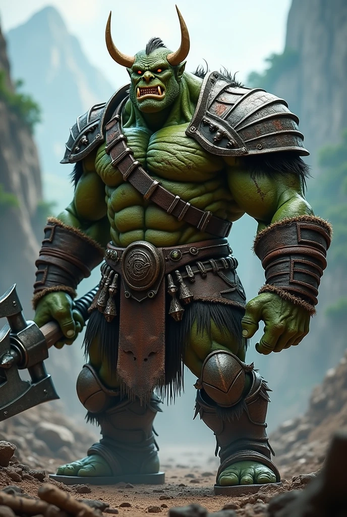 A muscular green-skinned orc warrior, detailed facial features, intense eyes, sharp fangs, heavy battle armor, holding a massive battle-axe, dark fantasy, moody lighting, cinematic composition, dramatic pose, photorealistic, hyper detailed, 8k, best quality