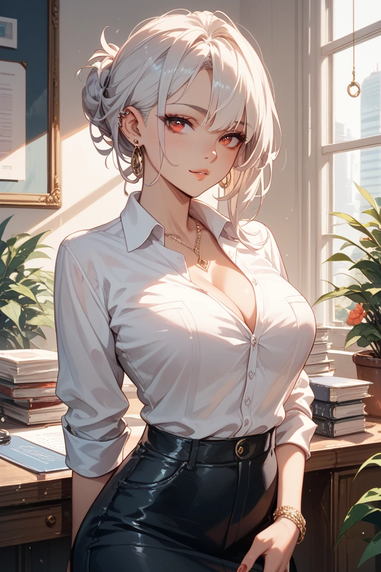 (Highest quality, High resolution, Very detailed), Silver Hair, Super short hair, Reddish brown eyes, office staff suit skirt, lace thong bra, Large Breasts, Perfect Makeup, necklace, secretary, 24th generation, Beautiful woman, mature, quiet, Calm, A small smile, office,