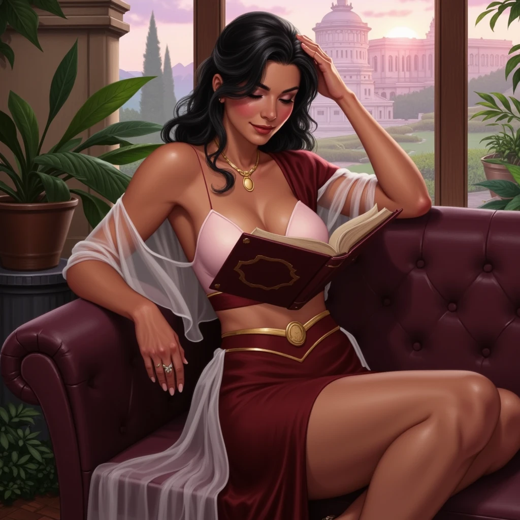  breasts, thighs, dark skin, long wavy black hair, green eyes, enchanted wet siren outfit, curious seductive expression, sitting on a ledge reading a book, ancient cathedral with water.