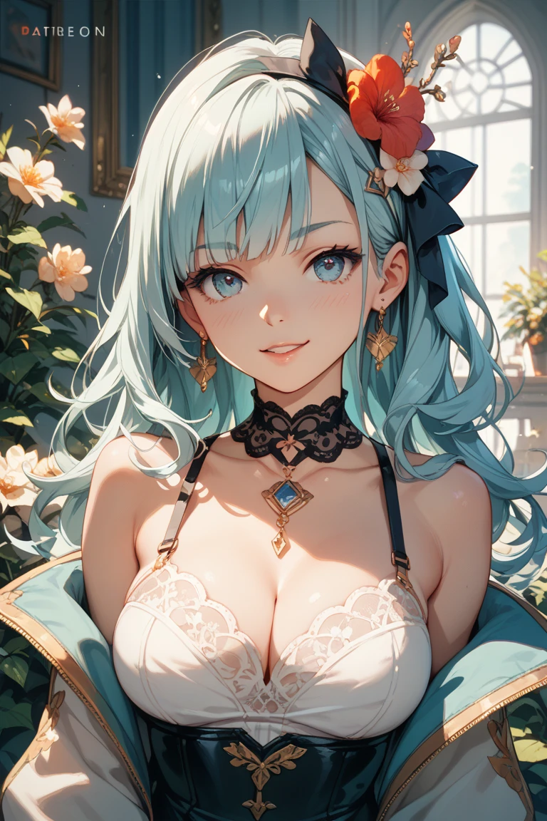 absurd, 8K, high resolution, ultra-detailed, beautiful, masterpiece, best quality, very pretty woman, young, (dark blue lingerie:1.4), (very large breasts:1.7), detailed woman's face, very attractive,Ceres Fauna, Antlers, Long hair Braided hair, (green hair:1.3)