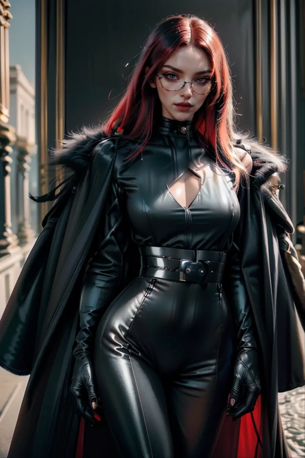 a beautiful young woman with long red hair, slim body, thin waist, narrow hips, detailed facial features, ((wearing high quality high waist black leather pants)), ((wearing formal white colored silk shirt with cleavage and long sleeves)), ((wearing black fur coat)), ((coat on shoulders)), ((red lining)), ((double luxury waist belt)), ((slightly red tinted glasses)), ((expensive reflective silk scarf)), holding a handbag, hand on waist, (best quality,4k,8k,highres,masterpiece:1.2),ultra-detailed,(realistic,photorealistic,photo-realistic:1.37),high fashion,editorial,dramatic lighting,cinematic,vivid colors,intricate details, glamorous