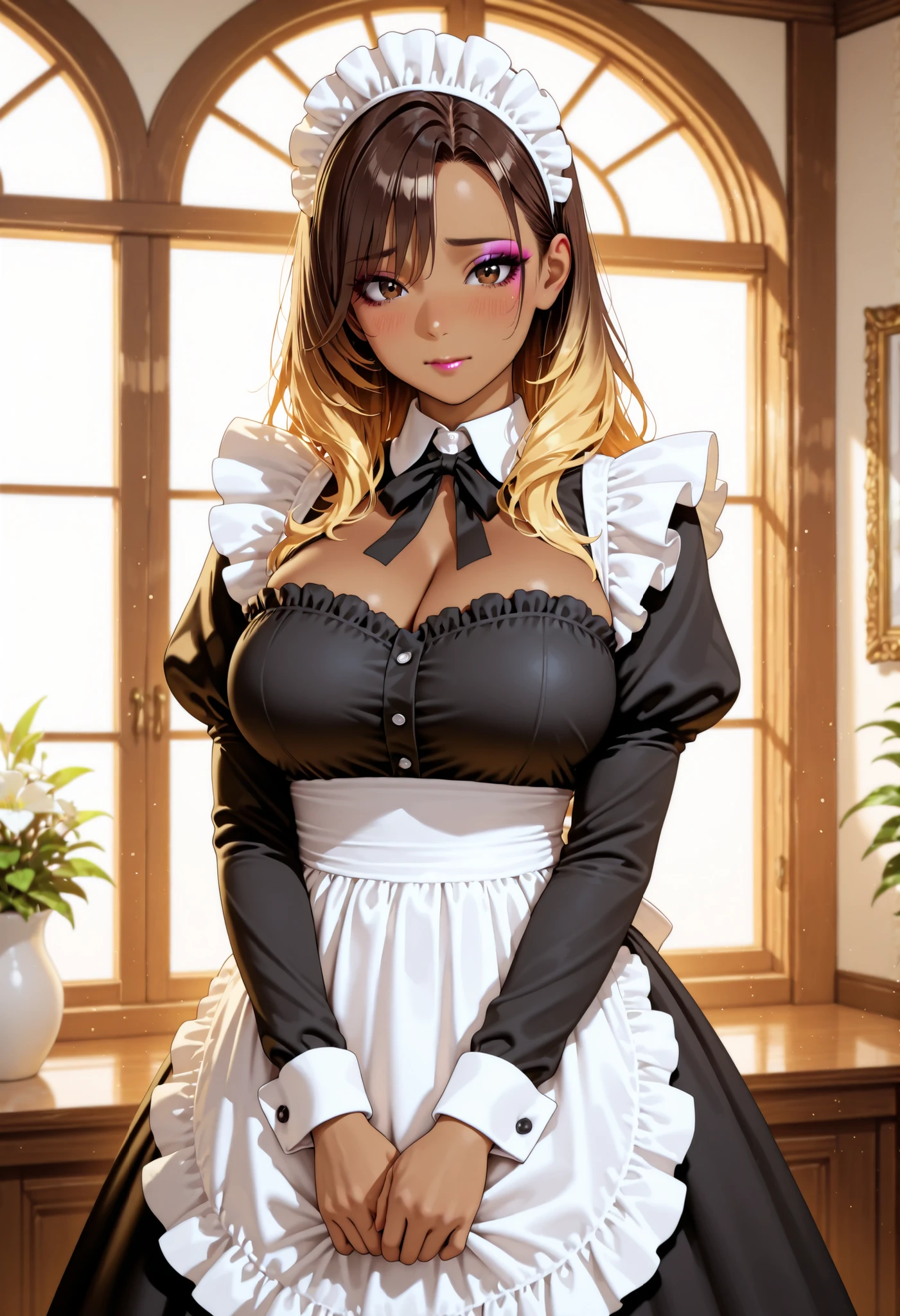 ((Masterpiece)), ((Best quality)), ((detailed)) black woman, african woman, dreadlocks, afro hair, black hair, african hair, curly hair, beautiful woman, maid dress, black headband, bedroom, huge breast, voluptuous woman, wide hips, thick thighs, massive but, serious expresión, full body shot
