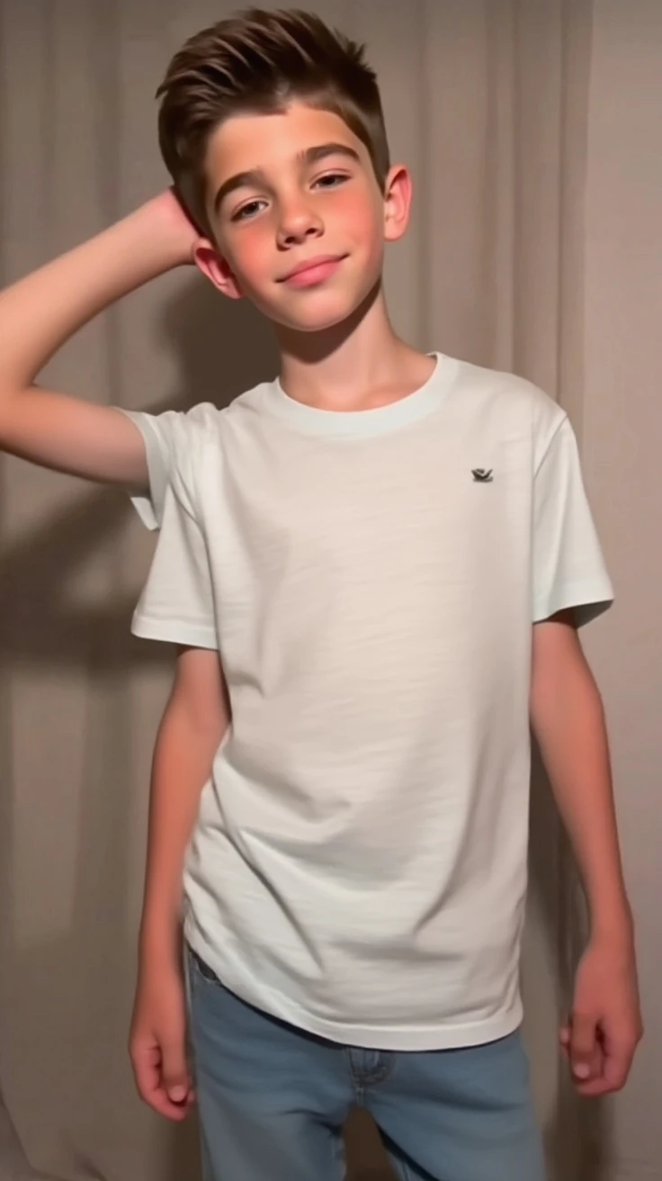 A boy with chocolate brown hair, and dark, perky-shaped eyes, encistado no muro da school all pissed off, He is wearing a white t-shirt and light denim cargo pants, he has a good body care, with a triangular shaped face, He doesn&#39;t have a beard, but he has a little mustache, he has a beautiful smile, and a neutral white skin, he is already a teenager and he is tall, with the center part mullet haircut