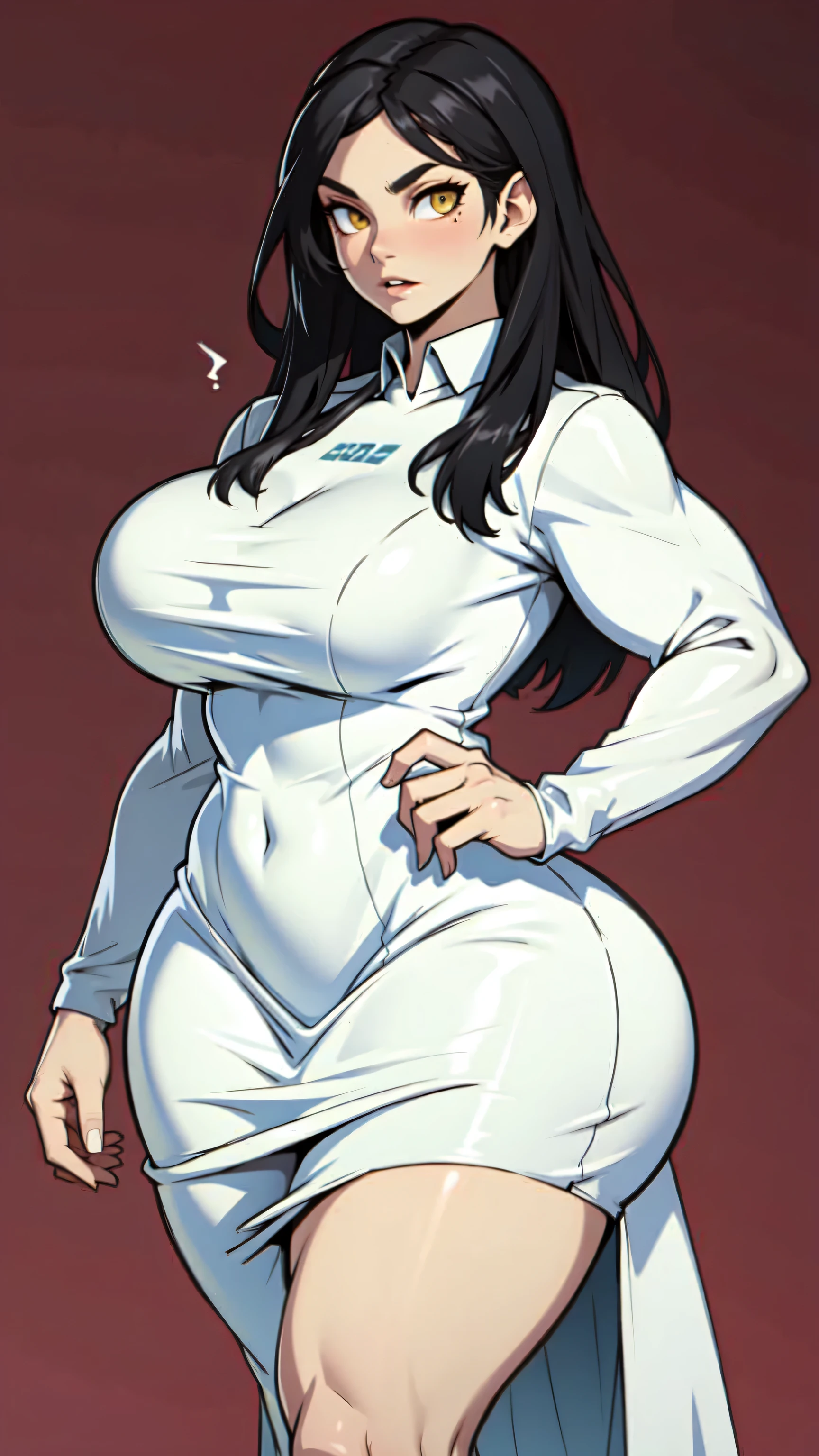Milf secretary, black curly hair, curvy, pale skin with freckles, white button down shirt, black dress pants, worried face, blushing cheeks, stage inside elevator