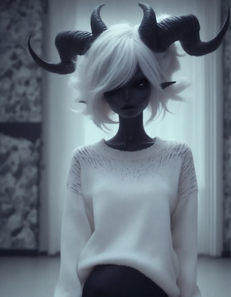 score_9_up, score_8_up, score_7_up,
1girl, solo, <lora:bdemonpony011:1>, colored skin, pale skin, black skin, black hands, black feet, red eyes, black iris, monster girl, skinny, slim, horns, white hair,
chain necklace, cross necklace, bracelets, white shirt and plaid skirt,
indoors, dark black room, music decorations, 80's punk style, solo, <lora:Skin Color_alpha1.0_rank4_noxattn_250steps:2.0>