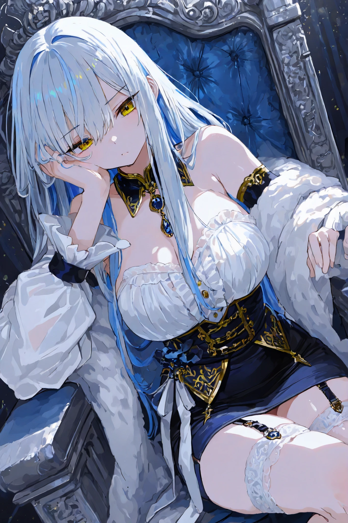 The girl is sitting in the palatial room, wearing a diamond necklace around her neck, her eyes are full of coldness, blue denim leggings, masterpiece superb night moon full moon 1 female mature woman Chinese sister royal sister cold face showing silver white long hair woman light pink lips calm intellectual three banded gray elementary school student assassin lantern lantern flower ball background strolling street scene, long hair shawl,