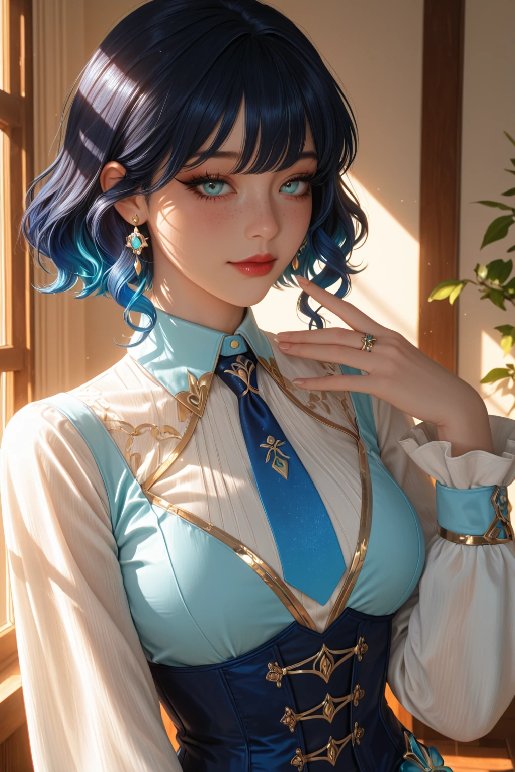 a woman with fair skin, a beautiful face, short and blue hair, wearing glasses on her forehead, having a large chest and dressed in yellow