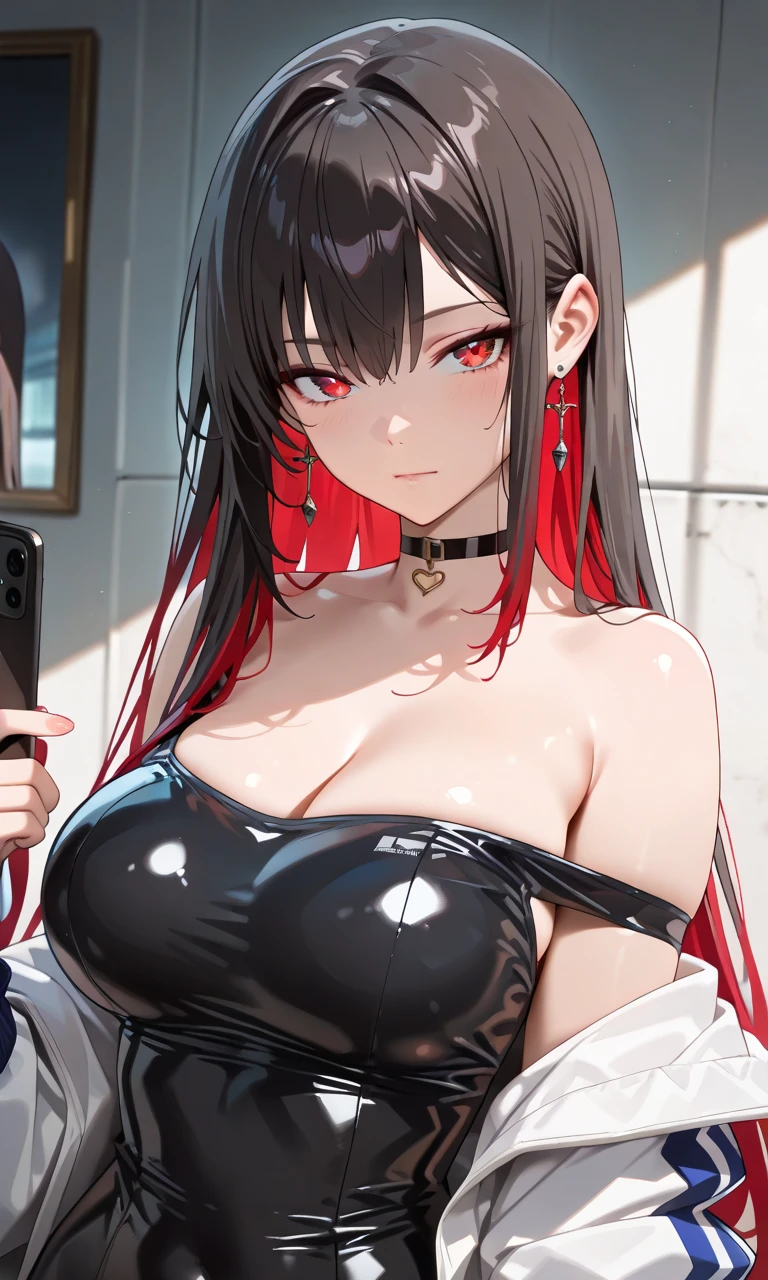 Side View，Detailed facial details，1 girl、Cat ear，Black long hair,Red lips，Large Breasts，Wear a black mask，Wearing grey overalls，Slim，Charming red eyes, Shy expression，Handcuffs，Collar，Radiant Skin，Facial details are very detailed, Standing on a construction site，Against the wall