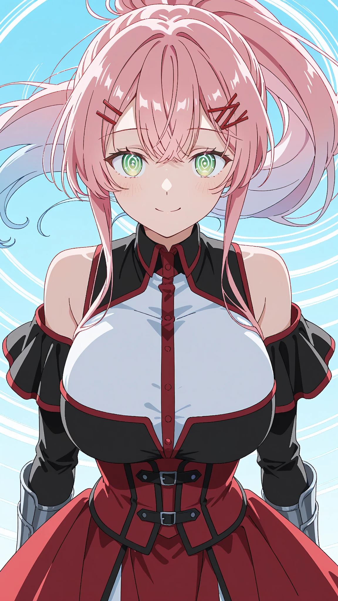masterpiece, Best quality, watercolor (medium), 1girl, breast, Solitary, Single ponytail, Cleavage, Black picks dye pink hair, Delicate gray eyes, Bangs, jewelry, skirt, Bare shoulders, sleeveless, Hair between the eyes, 单Scapula, looking at the audience, Fighting Stance, large breast, armor, shoulder armor, sleeveless skirt, Upper Body, Single sleeve, white skirt, Scapula, Naughty smile, , Tiger Teeth
