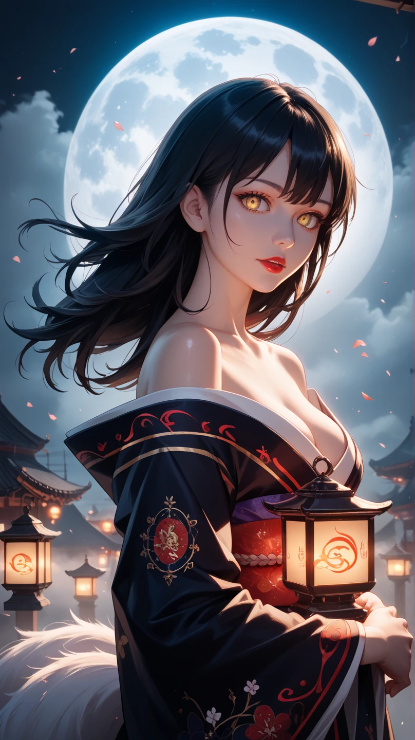 1girl, solo, portrait of cute hutao girl, black dress, Chinese graveyard, dim light, red lantern, dynamic paw pose, fog, spooky night, <lora:ARWHutao:1>, ((best quality)), ((masterpiece)), ((realistic)), (detailed), bokeh,