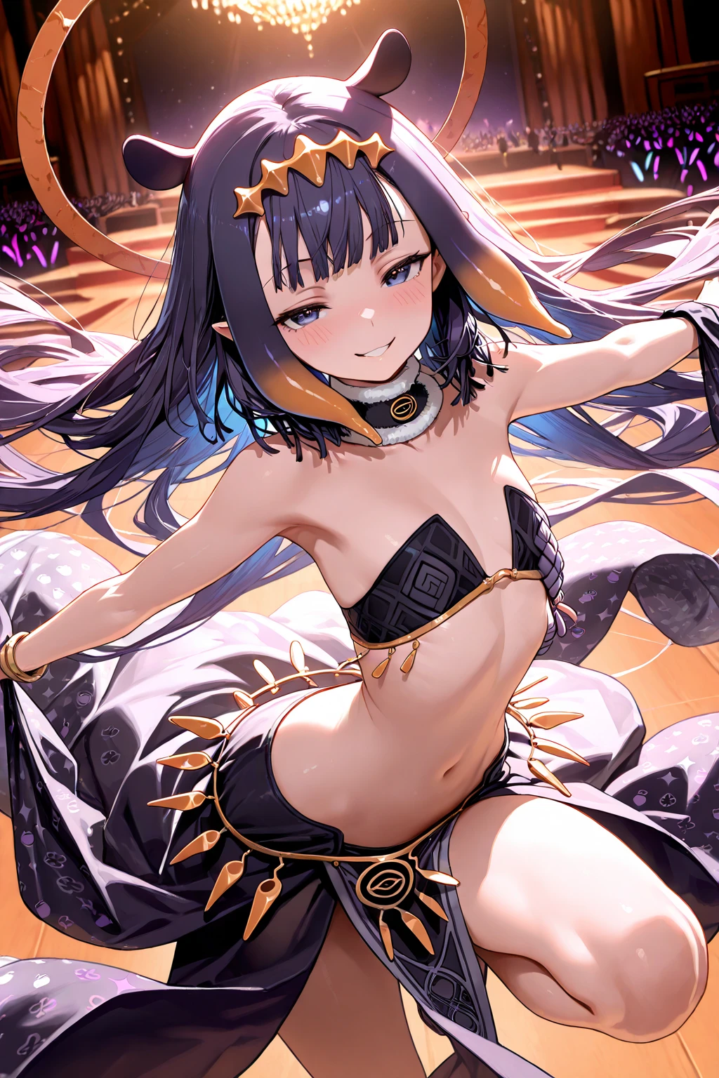 Black hair and yellow eyes、Right cheek to both hands、He has a centipede tattoo across his abdomen.（He also has a centipede tattoo on his left ring finger.）。She has long, wavy black hair tied up on the left side.。A nun&#39;s habit combined with black high-necked underwear and a blue and white ruffled camisole dress.（The same goes for bedtime.）Wearing a khaki parka with fur、White knee socks on the left leg（Right knee injury、No knee socks on the right leg）。She is wearing black pumps。The bandage on his right knee is a sign of past abuse.。
