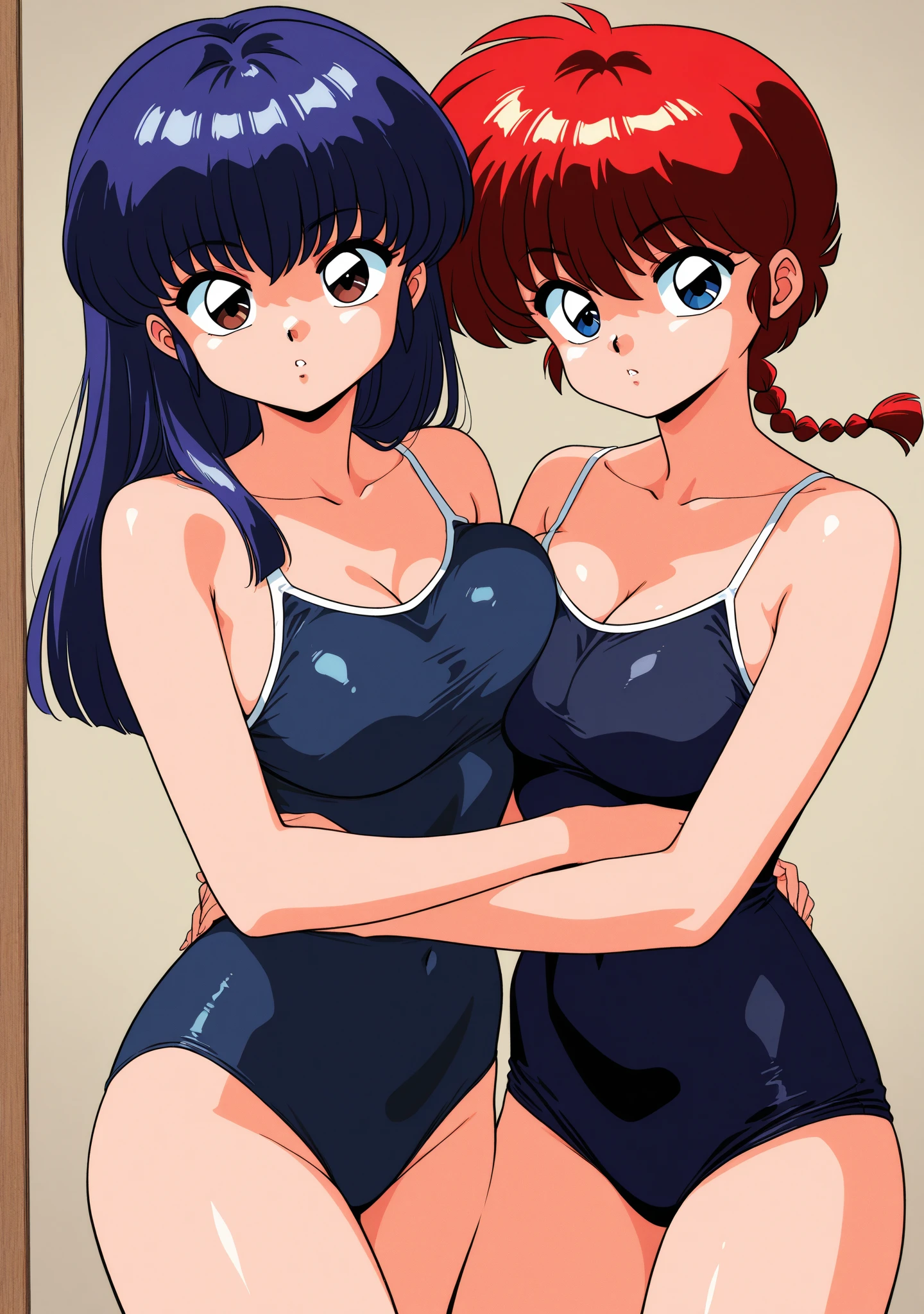 (highest quality:1.2),(Perfect beautiful face:1.2),(Perfect and beautiful posture:1.2),(Two people who smell extremely sweaty,((Sweaty body:1.2), (Thick eyebrows:1.0),(Chubby:0.8), (Wearing a sweaty apron, (sweat stain:1.3)), The smell of sweat drifts, Beautiful dark eyes, Standing shoulder to shoulder with a smile, (mature female)