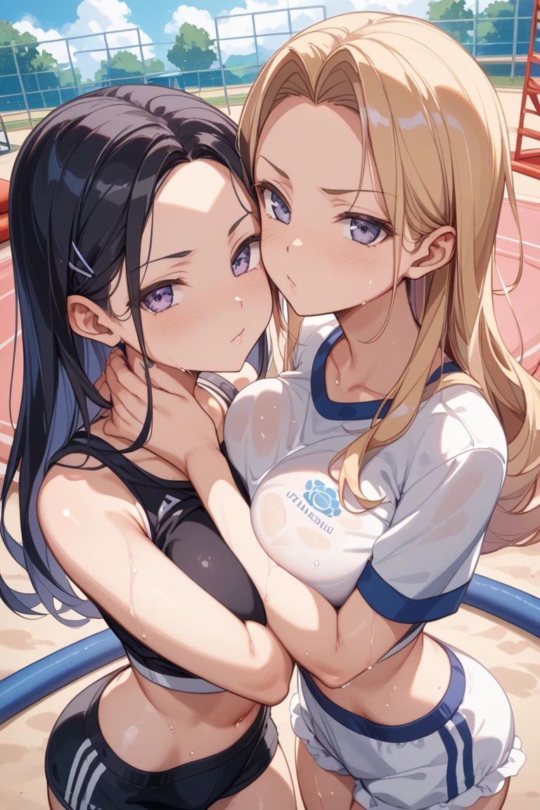 "(2 women kissing), sexy sleeveless police uniforms, yuri:1.4, provocative, hyper-detailed scene background, perfect anatomy, perfect arms, perfect hands,".
