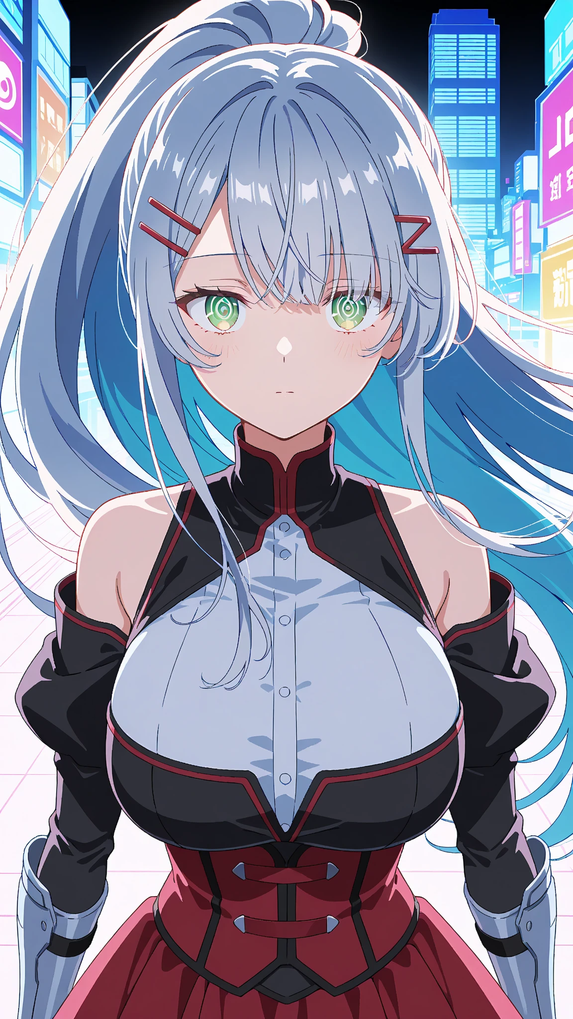 mature adult woman, (beautiful face:1), bangs, bare_shoulders, blunt_bangs, breasts, jacket, large_breasts, leotard, multicolored_hair, nail_polish, pink_hair, smile, solo, virtual_youtuber, masterpiece, best quality, highly detailed eyes, highly detailed face, highly detailed background, good hands,1 girl, standing,bangs, looking at viewer, sleeves,