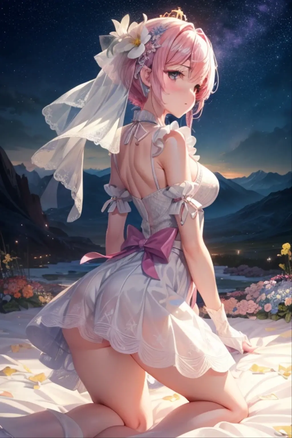 Colorful starrailloating white feathers),Purple,(((((masterpiece))))),(((((high resolution))))),alone,(hair splayed out),((flowing hair)),pink hair,blue_Eye,permanent,Big breasts,((美丽细致的short skirt, flower patterns on clothes,White dress)),bridal gloves,ribbon,hair ribbon,hair flower,veil,beautiful detailed sky,glowing light,Ray tracing,reflected light,depth of field,((((Put your arms behind your back)))),Flowers and meadows,Mountain,(((((role conception))))),(((((Extremely detailed CG unified 8k wallpaper))))),Cross necklace,crown,earrings,bridal veil,sling,starry sky,clusters of stars,starry sky,Twinkling stars,,Poker face,Neat figure,sit on the floor，short skirt