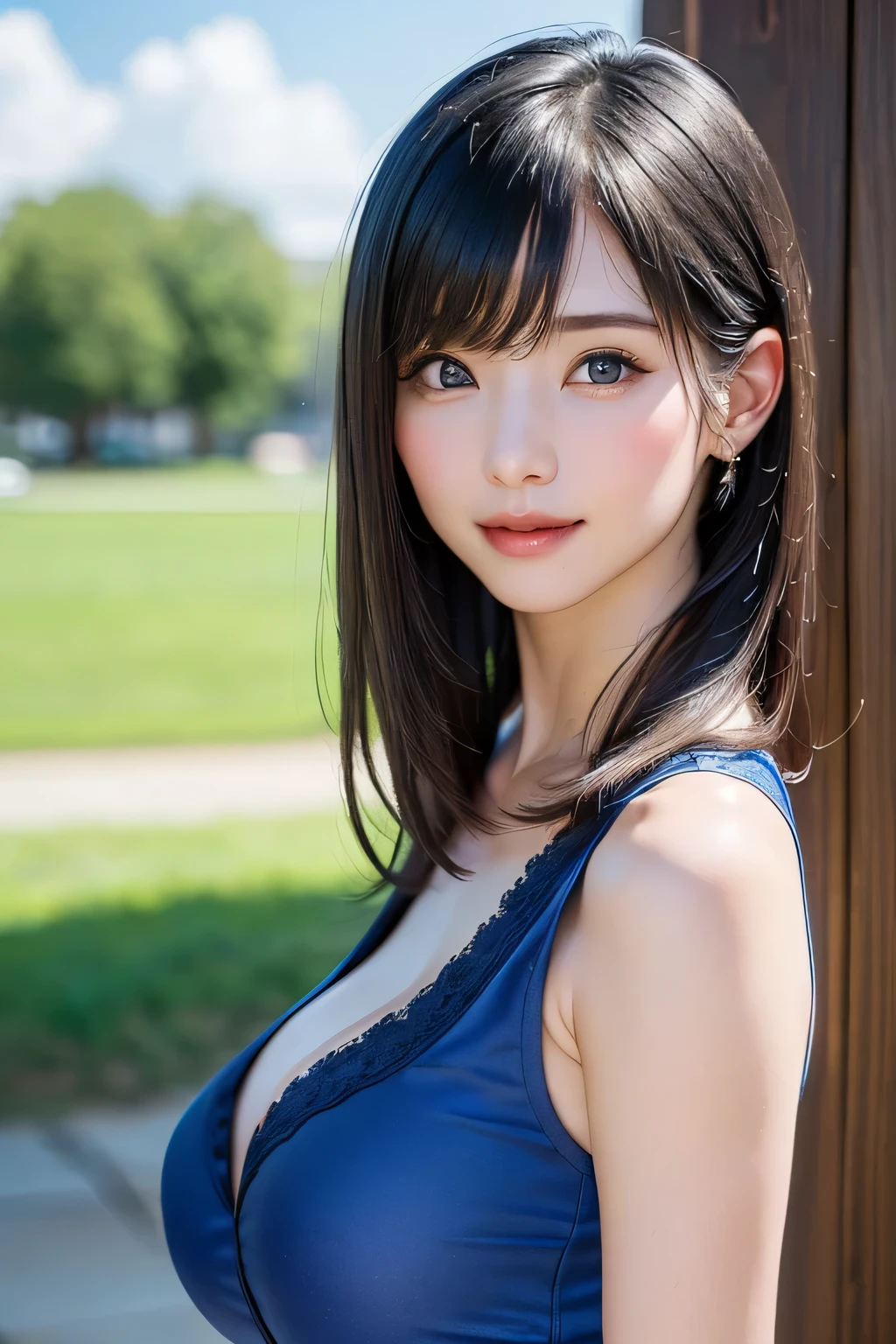 (masterpiece, highest quality、super dense skin、get used to it),1 girl, alone,Beautiful symmetrical face、 hyper realistic, realistic,realistic, light brown eyes stare at the viewer,Brunette short bob hair with highly detailed shiny hair:2、intense eye highlights), See-through brightly colored winter clothes,Lovely see-through costume full of charm、 lips,lip gloss, outdoors, Upper body、Big eyes、eyelash、{Huge|big|Hugeな|mega} chest:2, cleavage:2、(Big eyess short bob hair beautiful detailed eyes、Adds intense highlights to your eyes with eye-catching light、large full chest、look at the audience、she is very beautiful and cute、show me your ears、long neck:1.4、smile、Close your mouth and smilee、perfect ???????、ideal body proportions、Please tilt your head slightly)、（Snow-covered tree-lined street in Norway in winter）、(she is a very cute and attractive woman)、portrait:2、perfect ???????