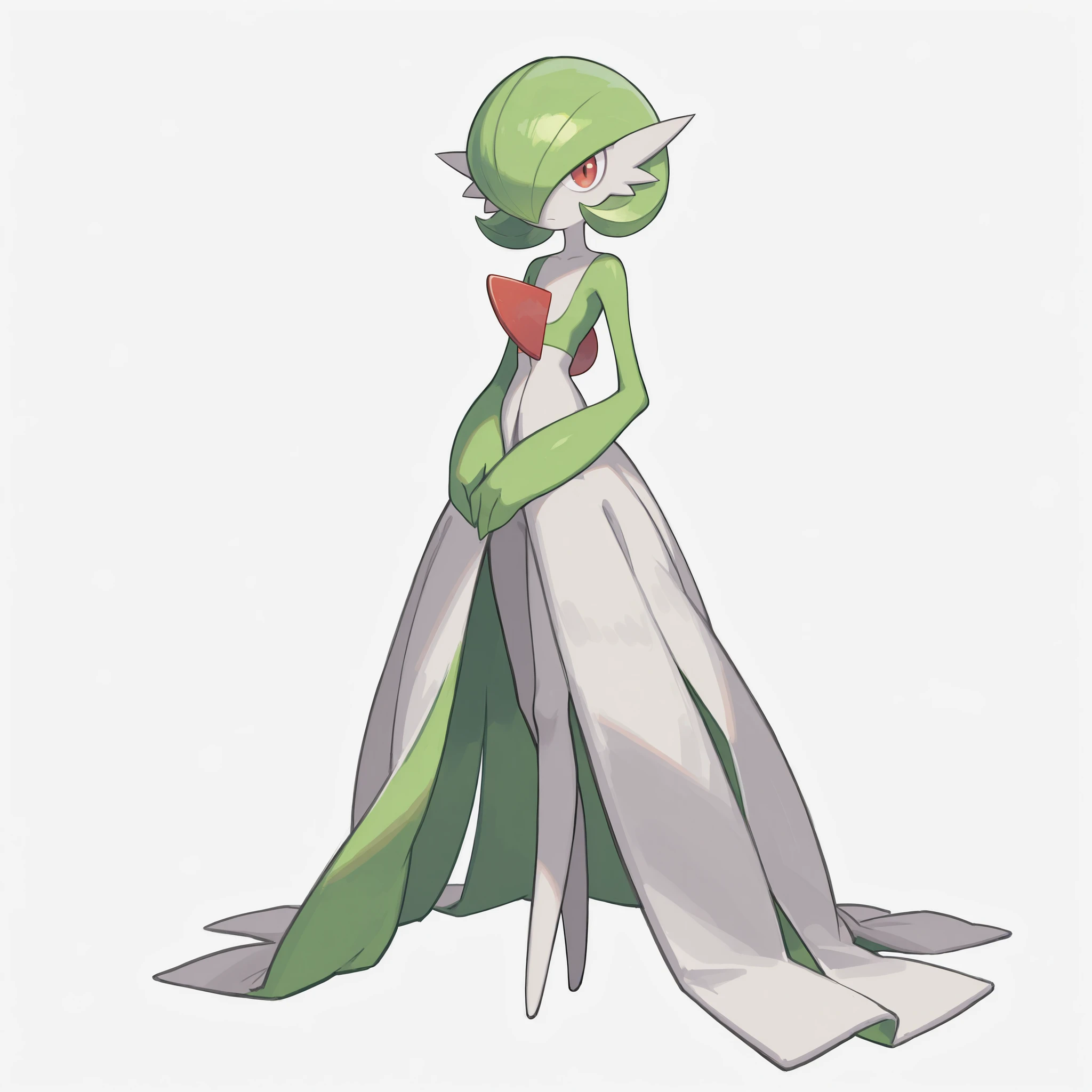 masterpiece, ultra-HD, impressionism, high detail, best quality, very aesthetic, 8k, best quality, beautiful, Gardevoir, 1girl, solo, pokemon (creature), white skin, green hair, short hair, red eyes, white dress, green sleeves, slim, serious, cute, hands on lap, standing, full body, looking at viewer, simple background, front view