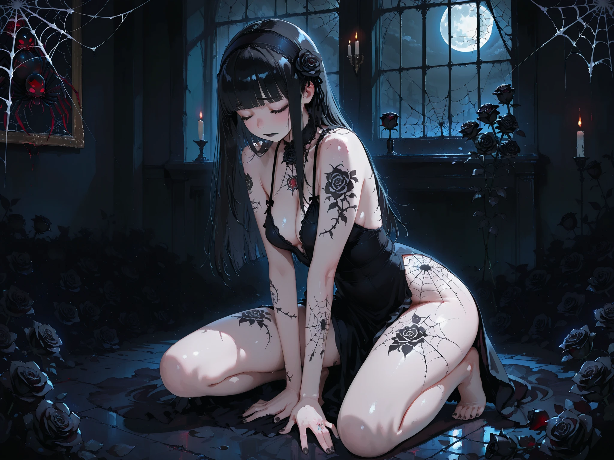 a tied up naked teenager girl in black pigtails with an emo male teenager with black hair,  blue lagoon, night, moon, blue planet, futuristic