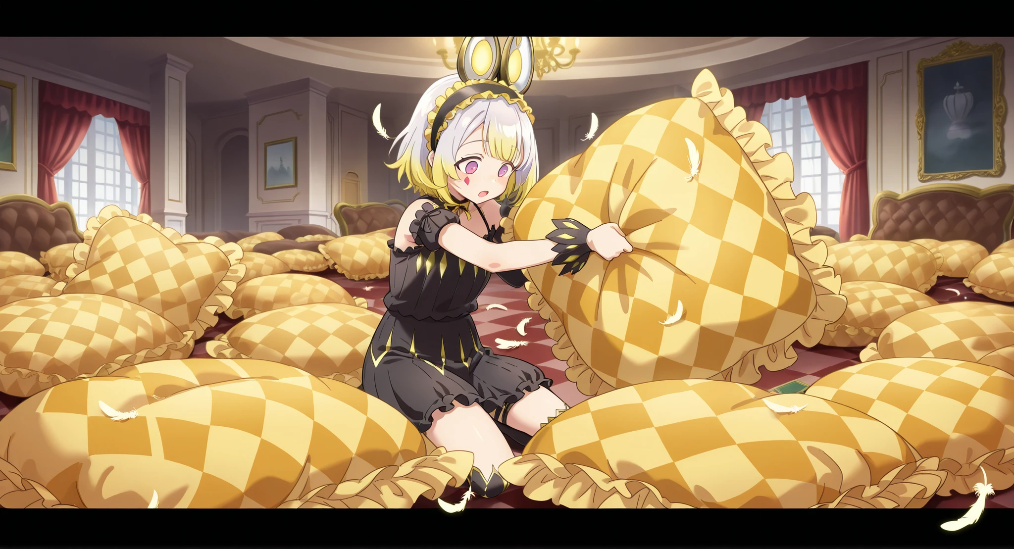 (score_9:0.9),score_8_up,score_7_up,negative_hand, realistic,(score_9:0.9),score_8_up,score_7_up,negative_hand, realistic,warm colormalice pawn dormouse, red argyle facial mark,fake mouse ears, asymmetrical thigh boots, frilled hairband, camisole, over elbow glove, underwear, lingerie, panties, 1girl, solo, nsfw, full body, whole body view, open mouth, indoors, luxury room,pillow, frilled pillow, (((yellow argyle pillow))),, lace pillow, euro patterned pillow,exquisite pattern pillow, luxury pattern, Pillow on the floor more pillows, many large pillows on everywhere, large pillow, giant pillow, oversize pillow, pile of pillows at the background, pile of pillows, on the floor, many pillows on everywhere, hands sinking on the pillow, deflate, deflating pillow, pillow on the floor, feathers, feathers everywhere, feathers stuffing pillow, abuse, abusing pillow, pummel, pummeling on the pillow, beating down the pillow, violating the pillow, pillow damage, ripping pillow, destroy pillow, damage mark on the pillow, (((kneeling))), normal eyes, scattered feathers, torn pillow, releasing feathers, pillow stuffing, torn fabric of the pillow, feathers mess, pillow in laying position, far view, source_anime, official anime artwork, screencap, anime screencap, rough action,wide view, wide room, royal room,