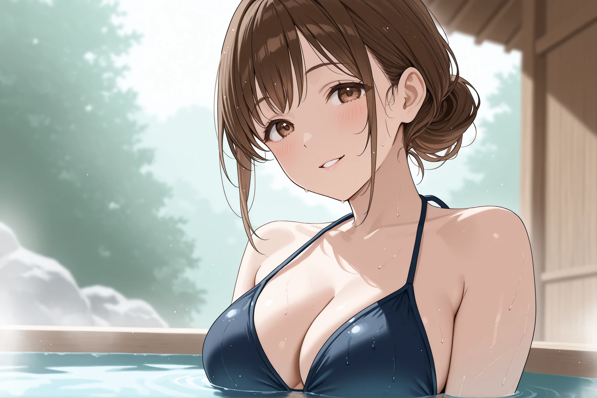 (masterpiece:1.4、top-quality、illustration:1.4,realistic、)、(character focus、breast focus,upper body)、(1girl),(Open mouth happy grin:1.3),(half closed eyes),cute face,blue eyes、((((wet))))、
,(stand:1.4), (embarrassed,blush:1.3), ,(steam:0.8),(wet:0.8),(sweat:0.8),(trembling:1.3),(parted lips:1.3),(harf open eyes:1.4),(feeling weak:1.5)
,(slender),(bikini),(medium brown hair:1.6), (large breasts)、
、slender、