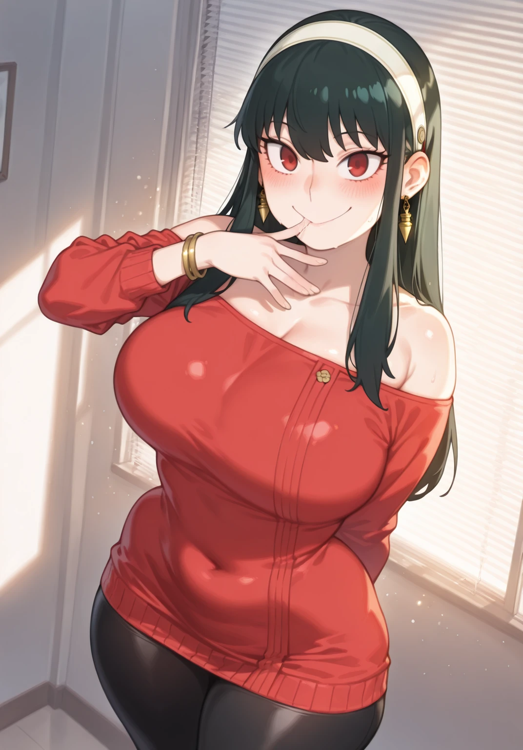 (8k, RAW photos, top quality, masterpiece: 1.2), (High Quality), ray tracing, HDR, (High Details), Cinnabus, Cinnabus Style, (big lips, luscious lips, beutiful lips, wide lips), stylized blush, masterpiece, best quality, high quality, highres, 4K, glossed lips, makeup, beautiful eyes, closed mouth, neutral expression, woman, detailed, cleavage, 1girl, solo, masterpiece, best quality, high quality, highres, 4K, medium breasts, Joel,1girl,solo,black hair,long hair,bangs,gold earrings,red eyes, red sweater, thick thighs, milf