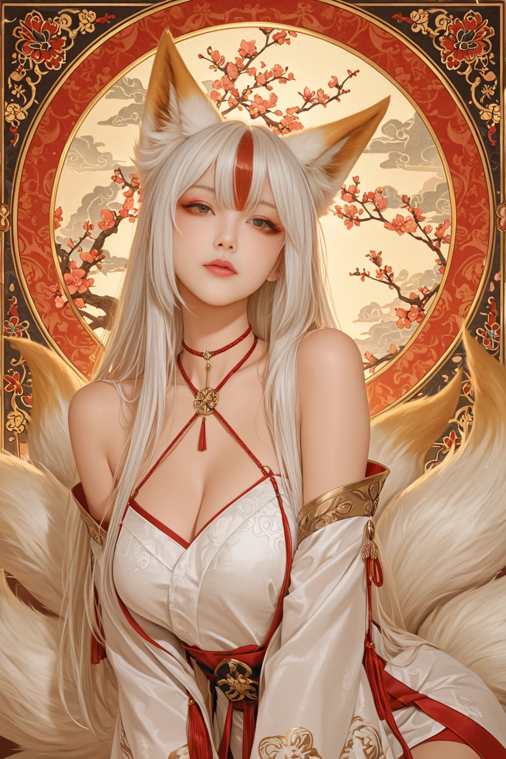 Kitsune girl,hime cut,silver eyes,gold darkblue and red tones japanese cloth, geisha dress theme sun&moon , traditional japanese , long white hair,silver fox ears, have kitsune tail, beautiful woman, silver eyes, elegant, young adult beautiful,night , starry night,sexy eyes,flirting,smile, erotic,nude, royal charm