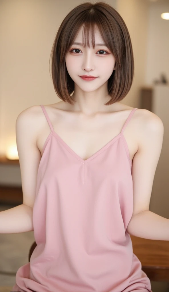 ((masterpiece、best quality))、short hair, ((pink waveing hair color)),((White background)),((camisole)), shape、super detailed、8k、actual、sharp focus、Very detailed、professional lighting、spotlight、Colorful details、Detailed texture，A stunningly beautiful girl，Wearing a transparent cheongsam，(most suitable hairstyle:1.4)、(in the most helpful way:1.3)、(Half-length photo:1.4)、big breasts、、18 years old、Smile、