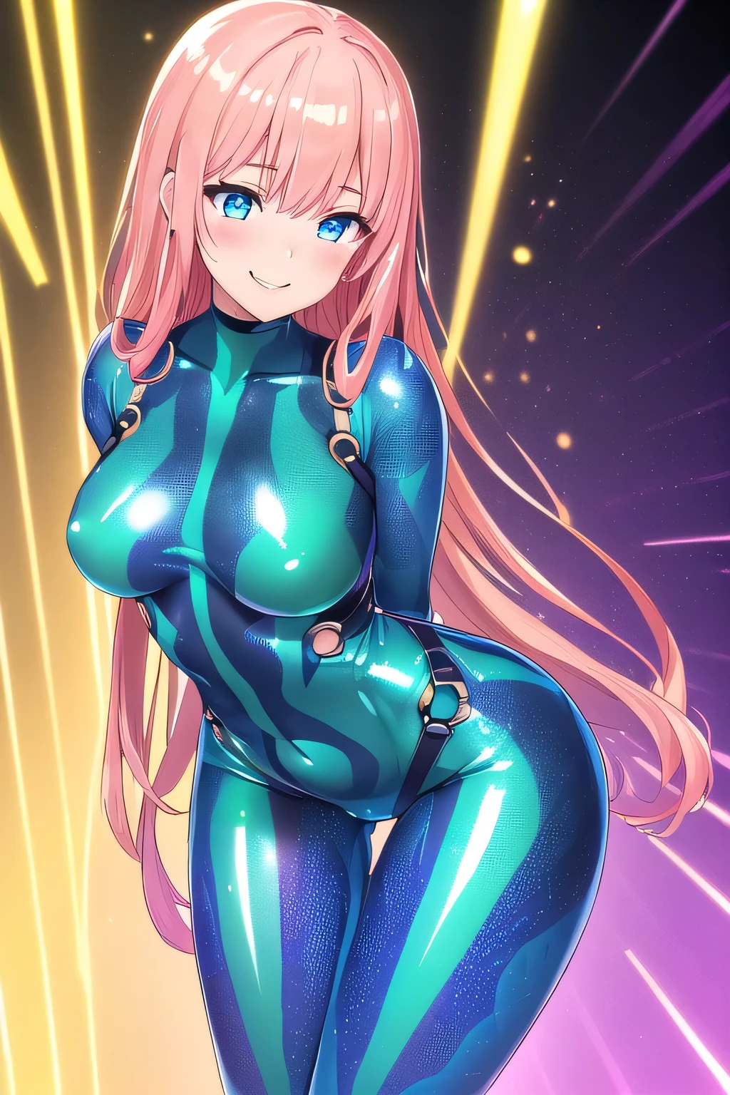 ((masterpiece、top-quality:1.5、a high chroma:1.5、ultra-detailliert、high-resolution illustrations:1.5、Ultra-high-definition CG、8k size wallpaper、offcial art))、(1girl,),(?????? cute face:1.5,cute eyes:1.5)、(clear face:1.3)、(sexy body),(),(?????? metallic pink latex suit、chest cutout:1.3),(fluorescence multicolored hair:1.5), (large breasts:1.3)、
,(Glossy costumes),()、(cowboy shot:1.5)、rainbow-colored hair、(outer space)