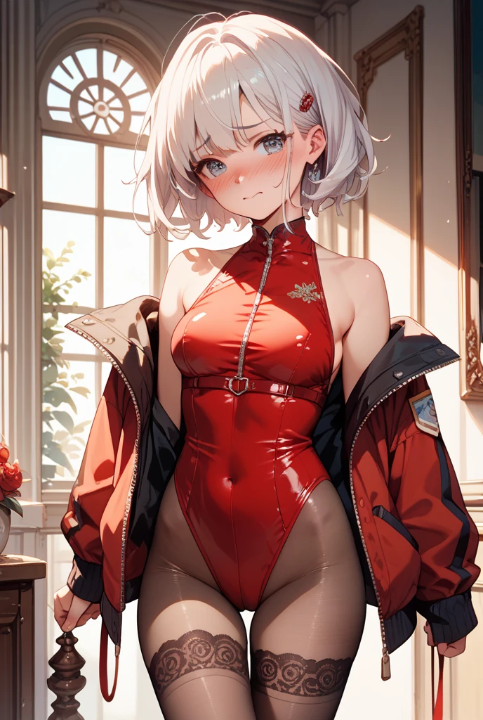 (photorealistic:1.5, highest quality,masterpiece,High resolution,muste piece),snow mountainに立つ1人の23歳の女性,cyber punk,(red string bikini:1.5,Down jacket:1.3,choker), beautiful skin, (looking at the camera:1.2),(A photo seen from the bottom of the back:1.3),(short Hair:1.2,bright platinum hair:1.5), expression( Impish Smile:1.3,blushing:1.3),Pause( Seductive pose:1.5),background(snow mountain:1.5,ruins,apocalyptic world),(Medium chest,slender, abs:1.2), (see-through nipples:1.5),(transparent butt),(detailed perfect face:1.9),normal hands:1.5,normal finger:1:5,normal feet:1.5,(cameltoe)