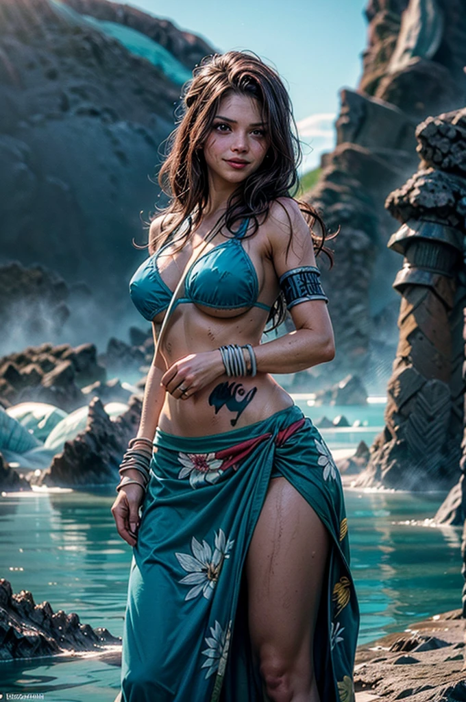 8k, intricate, elegant, highly detailed, majestic, digital photography, art by artgerm and ruan jia and greg rutkowski surreal painting, (masterpiece, sidelighting, finely detailed beautiful eyes: 1.2), hdr, (detailed background window to a new dimension, plants and flowers:0.7) infinity, (((huge chest))), long hair, fine ruby necklace, beach, seaside, coconut palms, pale green lace bra, coast, feldspar step platform.