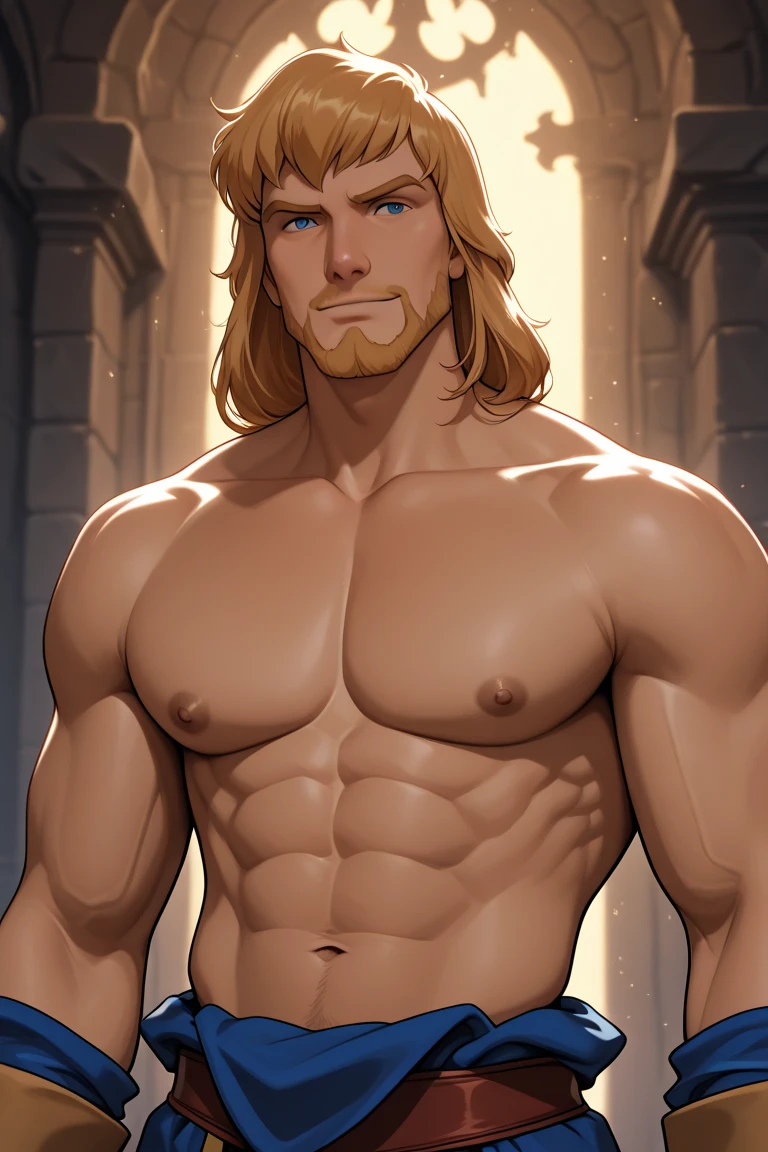One male, shoulder length hair, blond hair, blue eyes, detailed eyes, tall, slim, thin, naked nude body, (no clothes), detailed body, realistic detailed penis, handsome face, detailed realistic anime face with contours, stubble, HD, highest quality, masterpiece, 2d, anime, handsome face, rugged face, highest detail, stubble, realistic chest hair, realistic abdomen hair, intricate details, full body, solo, standing on the beach
