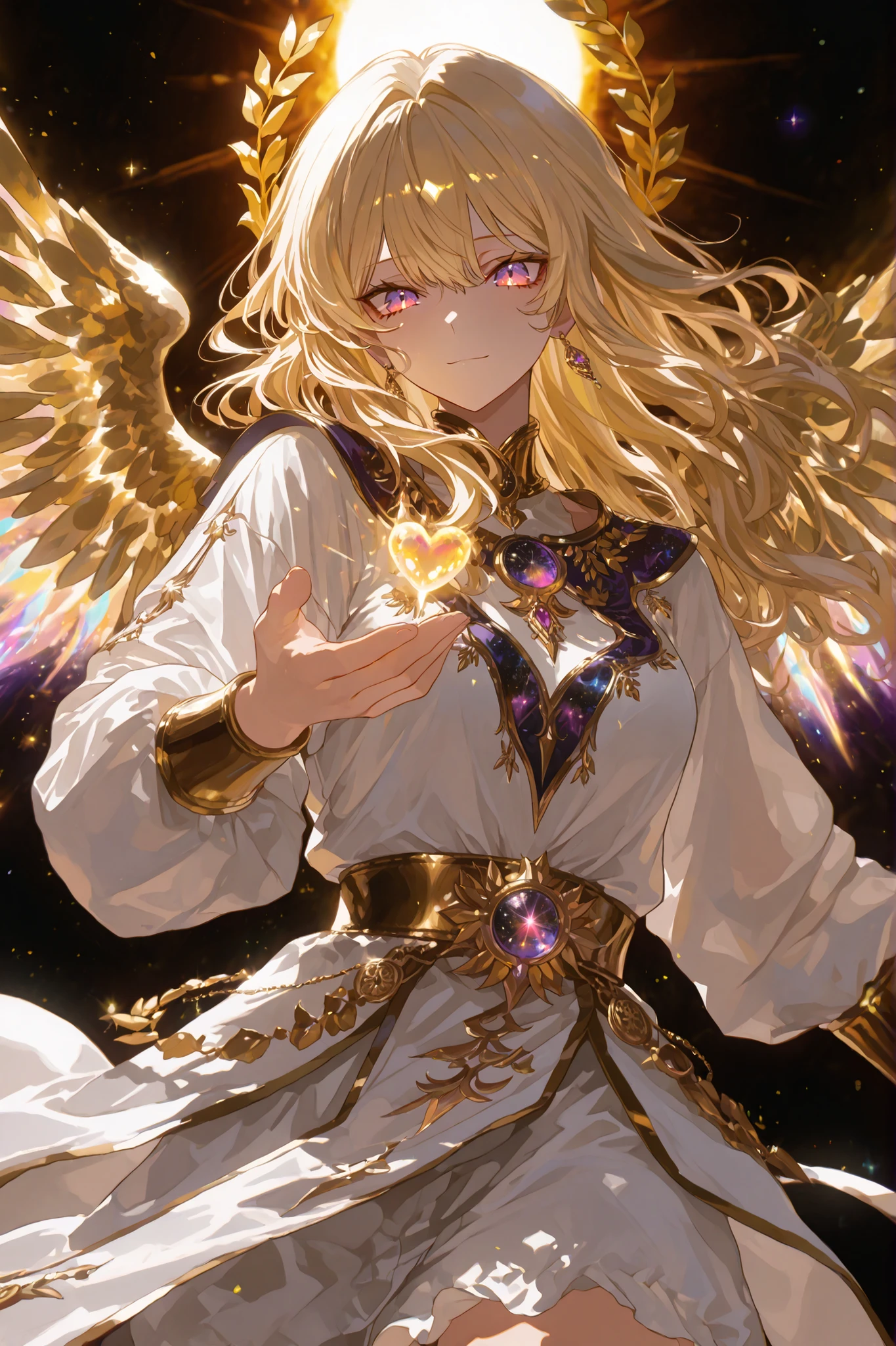 Wings, glowing wings,(face focus, cowboy shot:1.22), dynamic pose, three quarter shot, mature, adult woman, hair across face, fierce, sharp contours, (1girl:0.75), solo, , masterpiece, best quality, amazing quality, very aesthetic, high resolution, ultra-detailed, (soft shading, soft shadows, volumetric light:1.14), dramatic lighting, absurdres, backlighting, sun, blonde hair, soft smile,tsurime, multicolored eyes, purple eyes, cosmic eyes, small breasts, hand on her heart, extending hand, simple french dress, golden laurel, flowing hair, jeweld eyes,