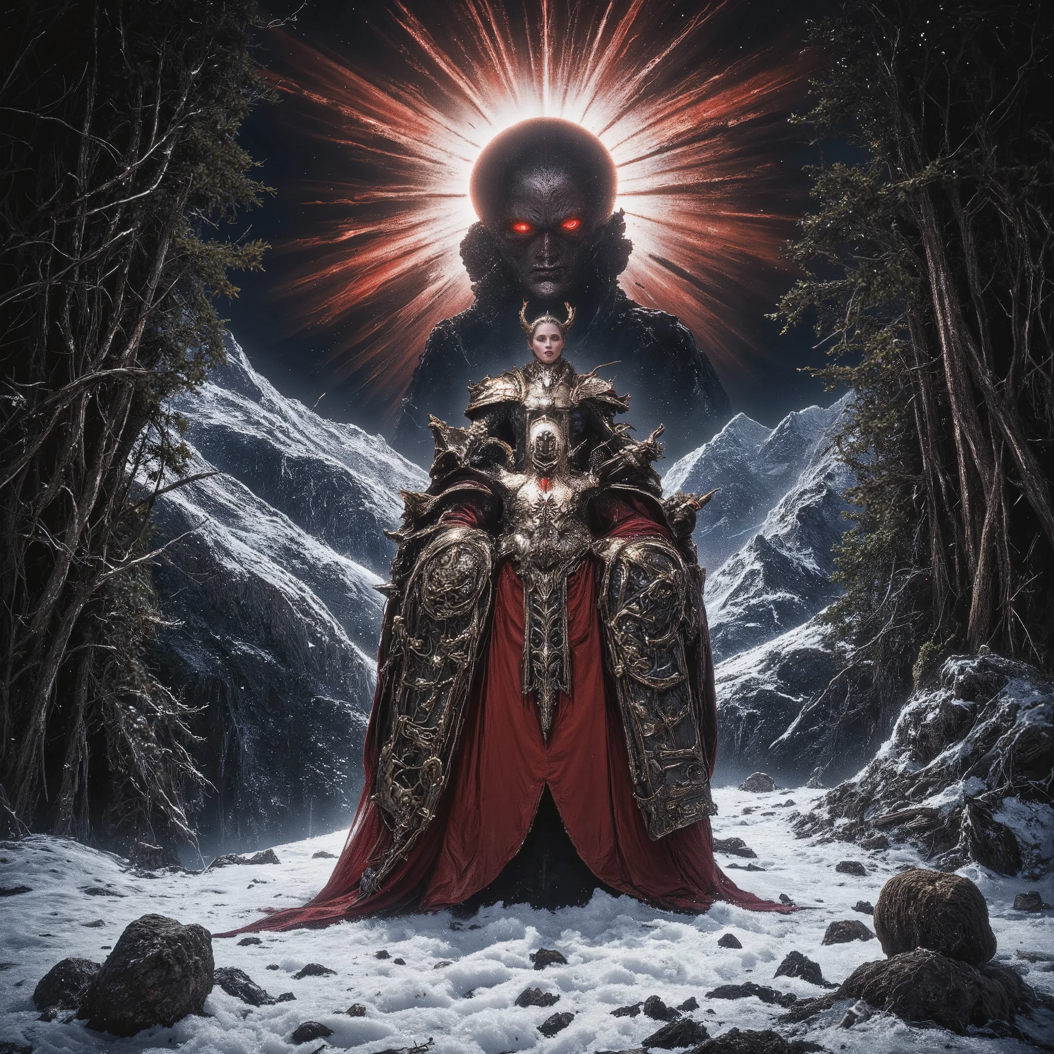 Mediebal gothic art nouveau tableau depicted with surreal majesty and extremely high detail of a veryy isolated scene on a frozen mountain in Wallachia lying in the middle of the dense primeval forests there. Dracula, the Voivode of that country, is seen in his guise as the Holy Armored Warleader of Gods Red Warriors seducing a female Angel, and seducing her into becoming a a monstrous drinker of life, beautiful and brutal and deadly. Dying silver motes turn to the red of Dracula as she changed into a Vampire of great power. There is only white on the mountain, as a solar Eclipse occurs above their heads. Scene of dark ritual and sinister majesty. Dracula is a Dread King converting a beacon of light to his greater Greater Darkness. A truly moving scene of hope extinguished. Done in a highly expressive medium with impressionist, gothic and surreal nightmares evocative of Francisco De Goya, Gerald Brom and Hieronymus Boschh. Dracula appears mightier than any Angel or Devil or Pagan God could overcome.