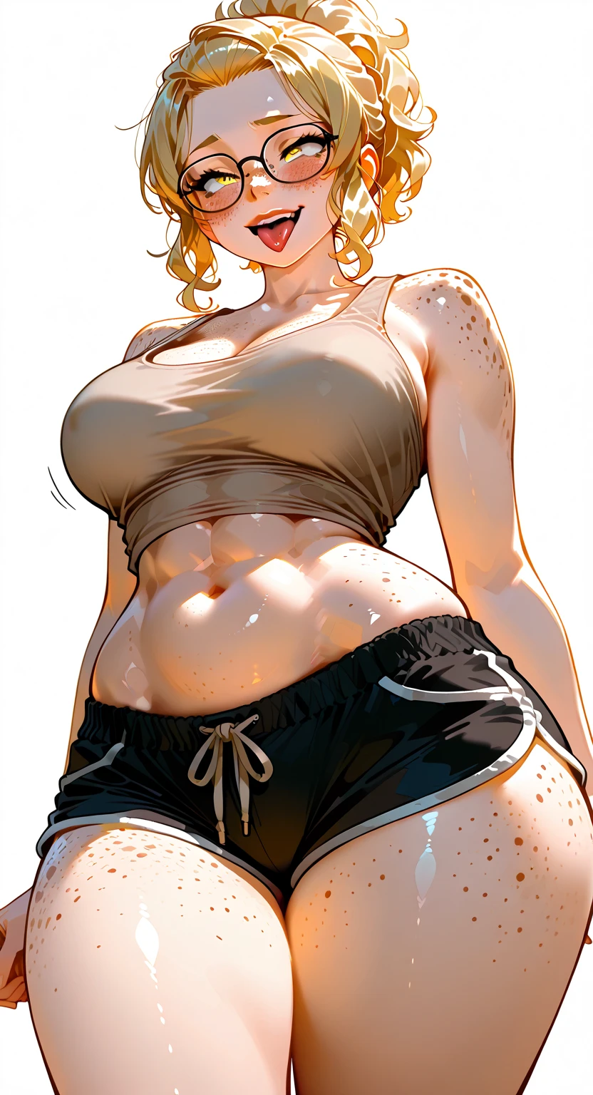 Lacy Lemon, pretty woman, curly ginger hair, midriff, white cloth hotpants,tank top, short shorts, freckles, large breasts, rubenesque, thigh high striped socks, far shot, covered nipples, green eyes, white background, blank background