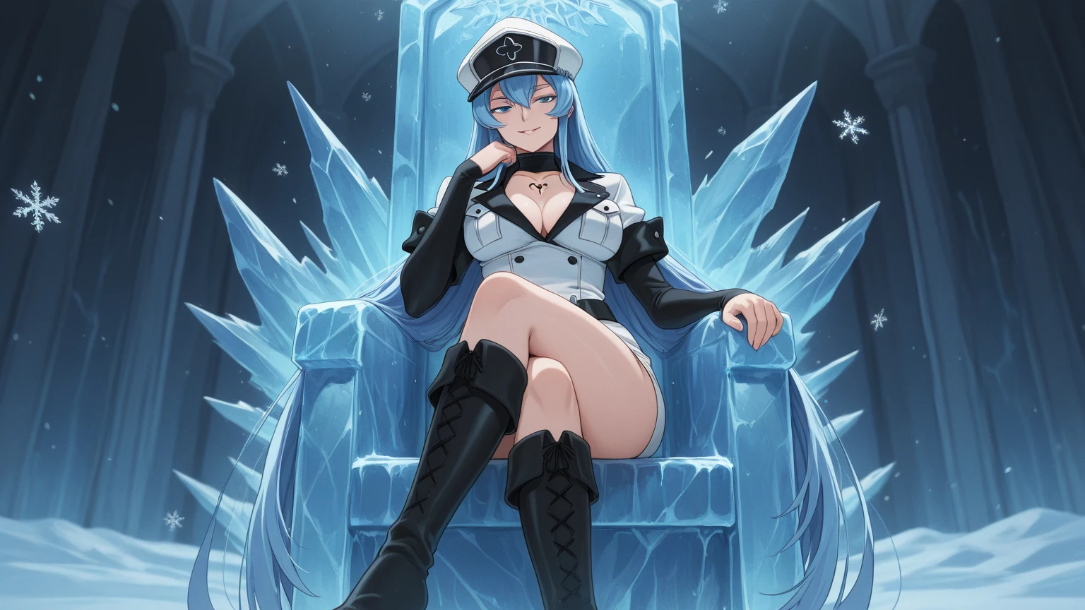 Blue hair, blue eyes, big boobs, female, iron cross hats, iron cross uniform, sitting on an ice throne, icy floor, crosslegs
