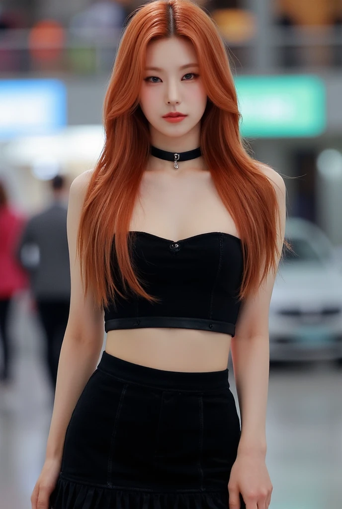 clear background,wavy hair,wine red hair color,big eyes,beautiful eyes,full-body shot,ultra high definition,Black silk mesh,sexy,miniskirt,tube top,Hot body,sexy红唇,Mouth slightly open,Charming expression,,sideways