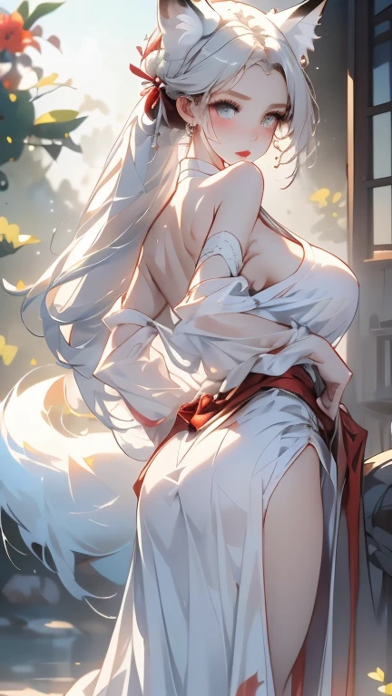 In the enchanting scene, a captivating Animesque full-body Esbian figure comes into view, radiating an irresistible bewitching expression. Dressed in an off-shoulder shrine maiden outfit, her white bob cascades down her back, framing her striking red eyes. Her ultra-realistic body, adorned with white fox ears and a white fox tail, shines under the soft, ultra-high definition, 8K lighting. The detailed, ultra-definition skin is as smooth as silk, reflecting the light and highlighting each and every curve. Her huge breasts and big butt, accentuated by the outfit, glisten with a slight she
