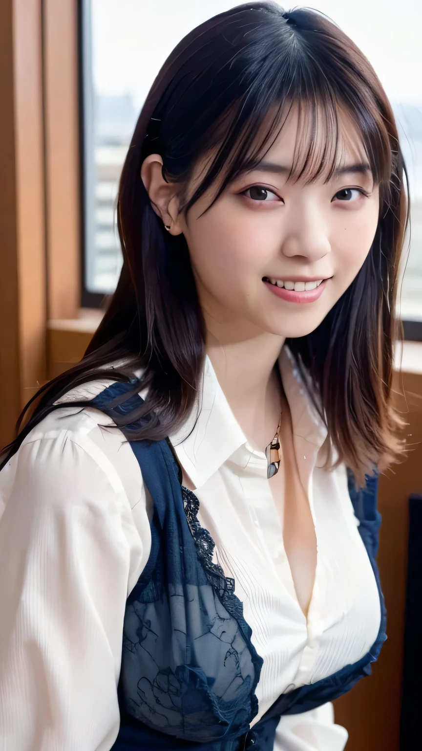 (highest quality,masterpiece:1.3,Ultra-high resolution),(Super detailed,Caustics,8k), (Photorealistic:1.4, RAW shooting),darkness,Dark studio,Japanese,20-year-old,smile,Natural Makeup,Black Hair Middle Hair,Black Shirt,Big Breasts,Spotlight,Waist up shot