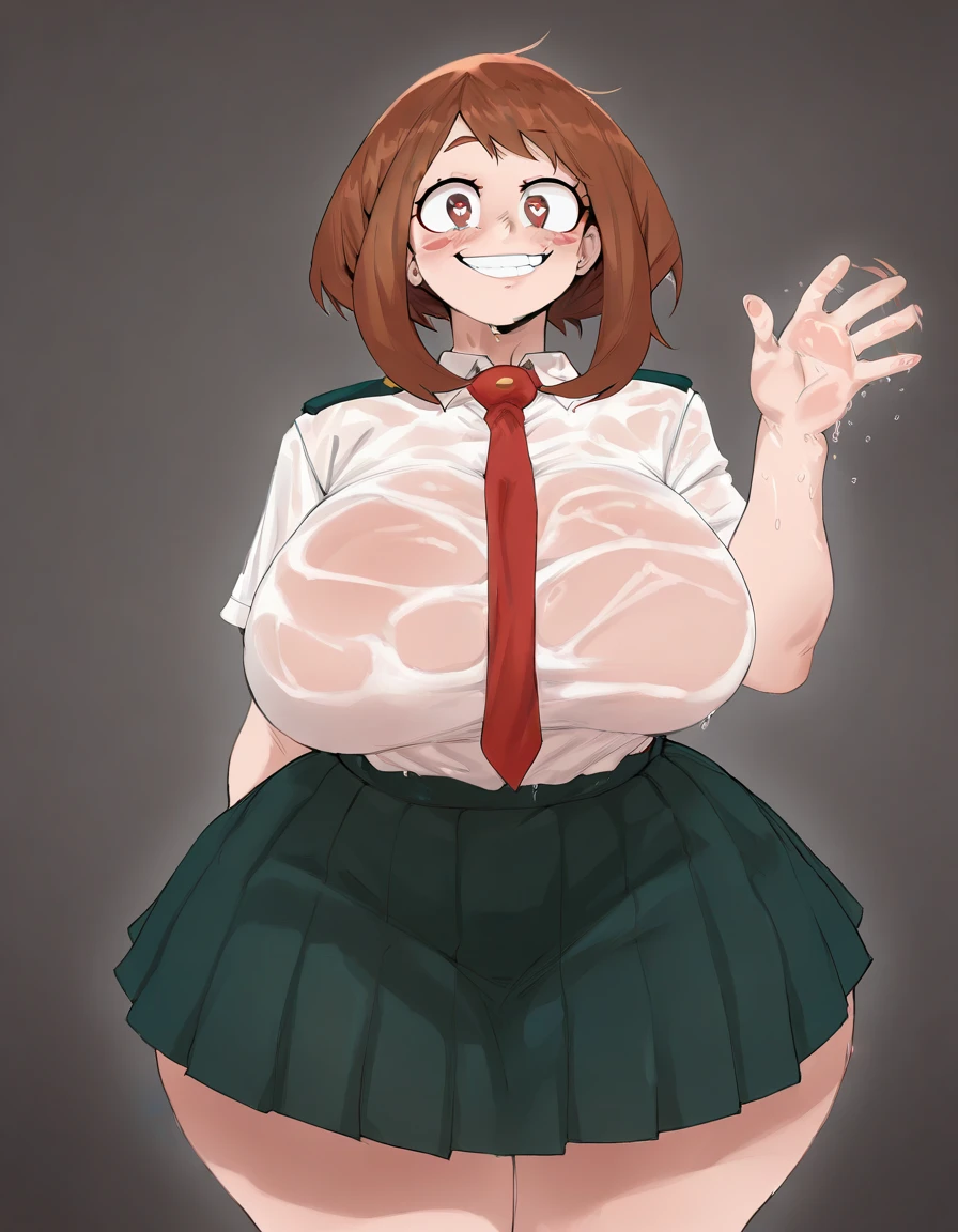 (Perfect body),Best Quality,(8K Portrait),(Official art)、NSFW、fatness、(((Brown-skinned)))、Red-rimmed glasses、embarrassed from、1girl in,(((:D)))、Wavy mouth、Surprised、(blush),(Sweat),(((large udder)))、(thick thighs)、(big butts)、(thick hair of dark green color,,,),Blunt bangs,(The hair is tied in a bun at the back)、((((Short hair))))、Dark red sleeveless sweater、Beige miniskirt、pink earring、 (Red Eyes)、In the street、Armpits、